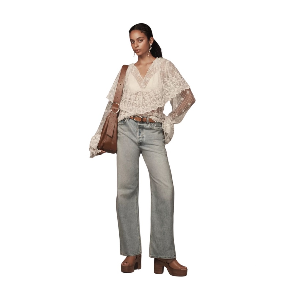 Anthropologie Forever That Girl Long-Sleeve Lace-Bib Blouse, XS
